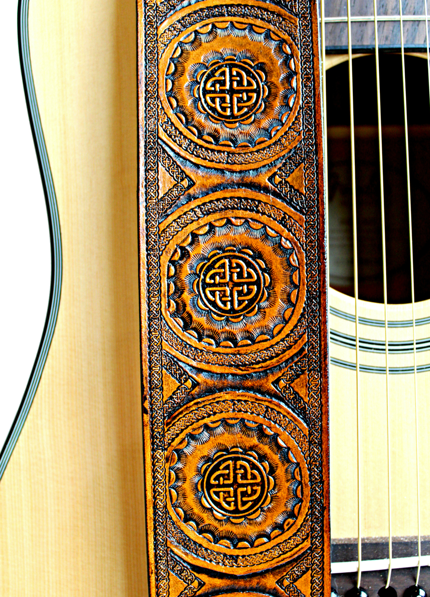 GENUINE NATURAL LEATHER CELTIC KNOT EMBOSSED ACOUSTIC,ELECTRIC OR BASS GUITAR STRAP