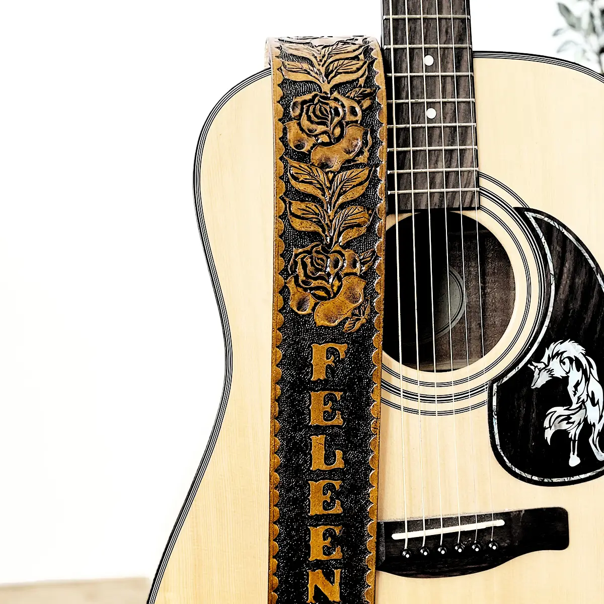 Personalized Hand Tooled Roses Leather Guitar Strap