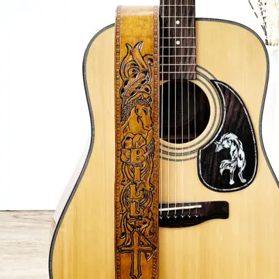 Western Horse Personalized Leather Guitar Strap with Cross