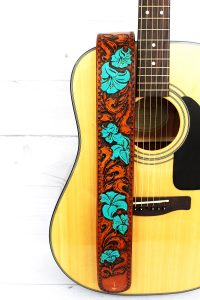 Turquoise Flower Women's Hand Tooled Leather Guitar Strap