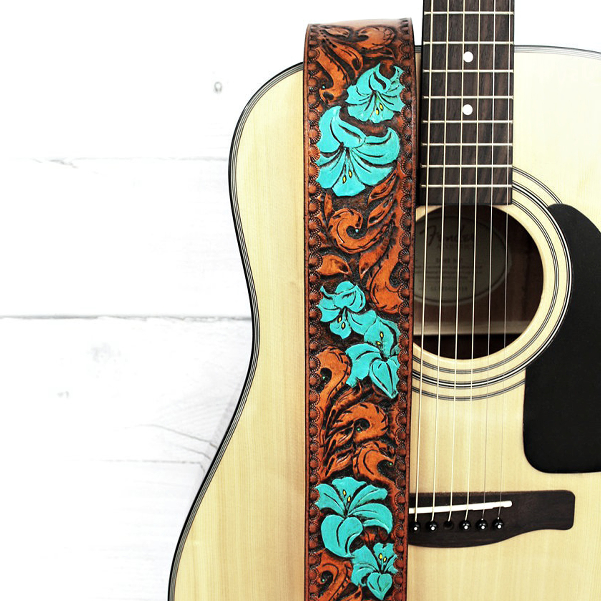 Turquoise Lily Flower Hand Tooled Leather Guitar Strap