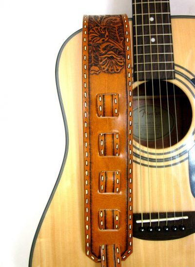 Western Wildflower Hand Tooled Personalized Leather Guitar Strap