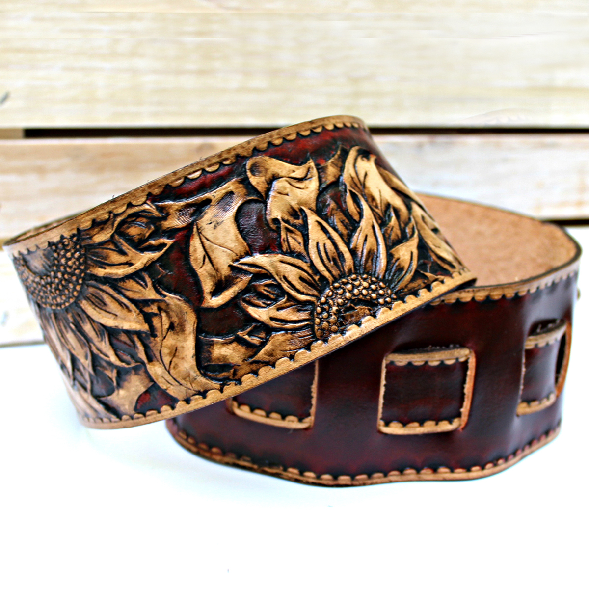Tooled Sunflower Leather Guitar Strap for Acoustic or Electric Guitars