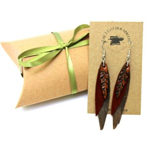 Brown Burgundy Leather Feather Earrings with Gift Box