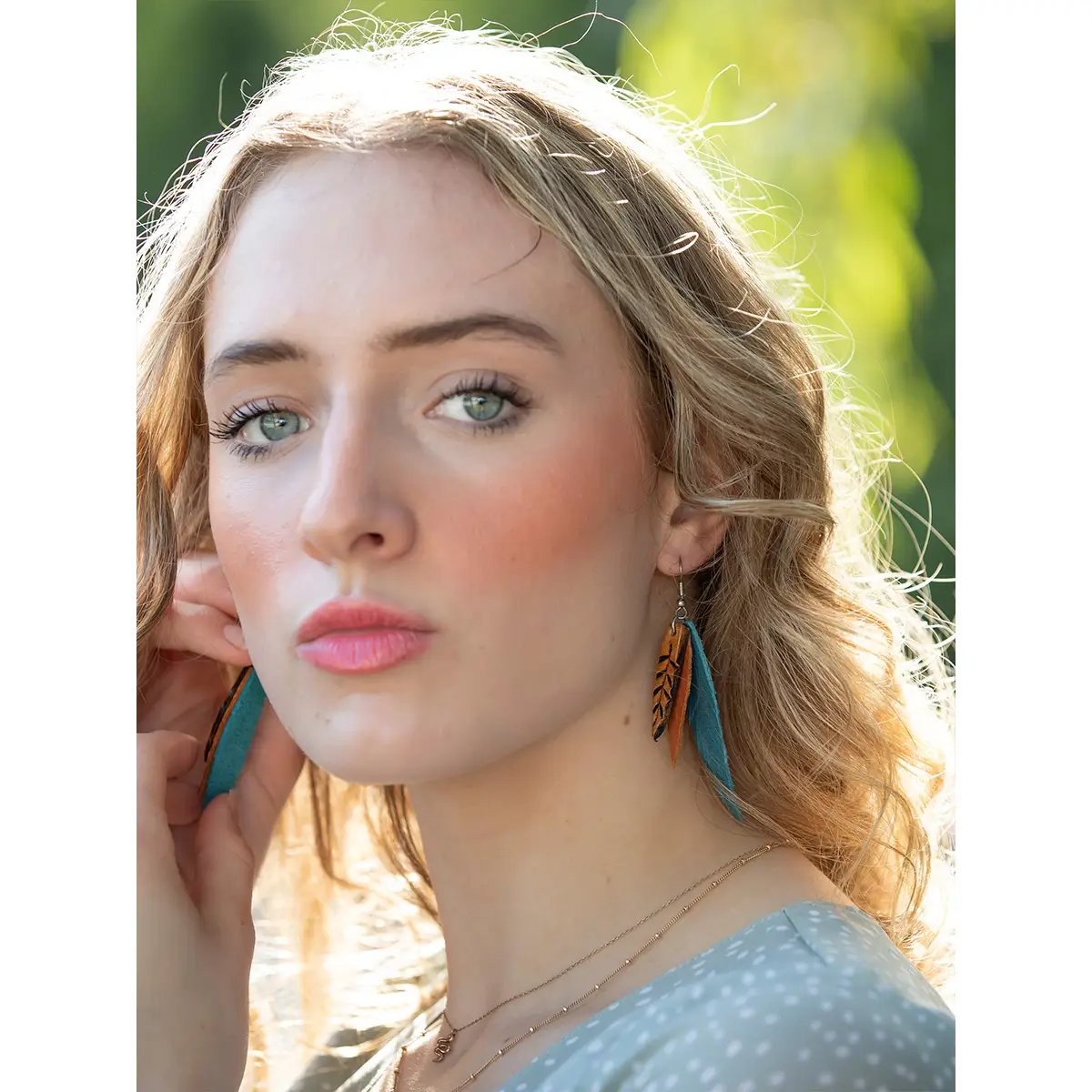 Turquoise and Tan Leather Feather Earrings