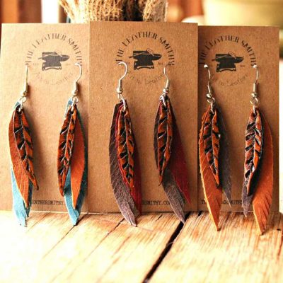 Stacked Leather Feather Earrings
