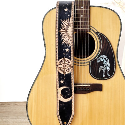 Sun Moon Compass Rose Black Leather Guitar Strap