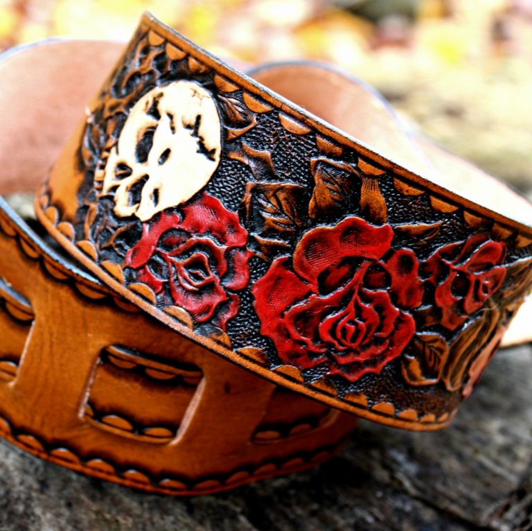 Skulls and Roses Hand Tooled and Painted Leather Guitar Strap