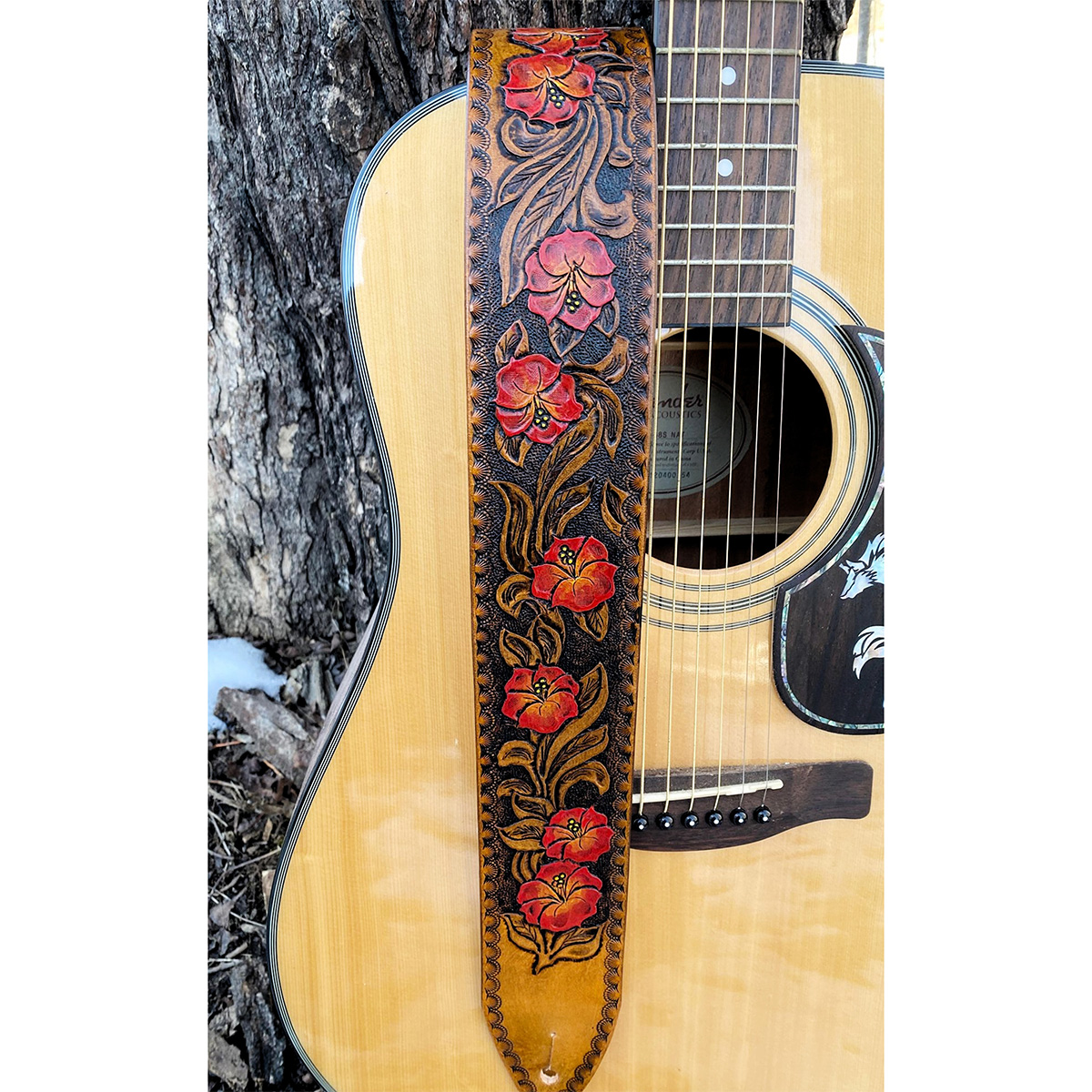 Red Orange Hibiscus Flower Leather Guitar Strap