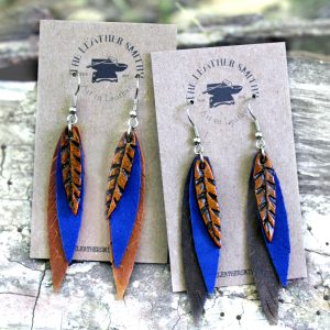 Long Cobalt Blue Leather Feather Earrings