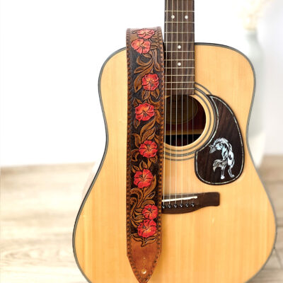 Red Orange Hibiscus Flower Hand Tooled and Painted Leather Guitar Strap