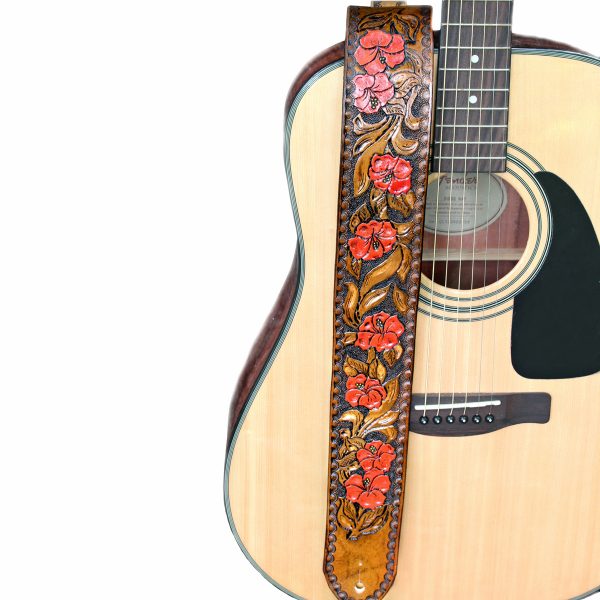 Red Orange Hibiscus Flower Guitar Strap