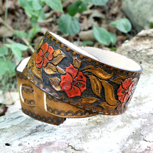 Hibiscus Flower Tooled Leather Guitar Strap