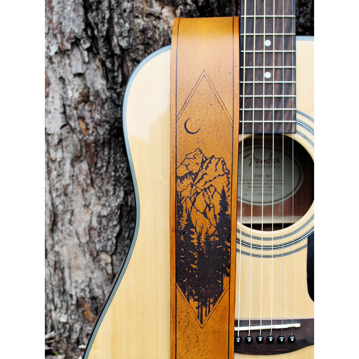Leather Guitar Strap with Trees and Mountain