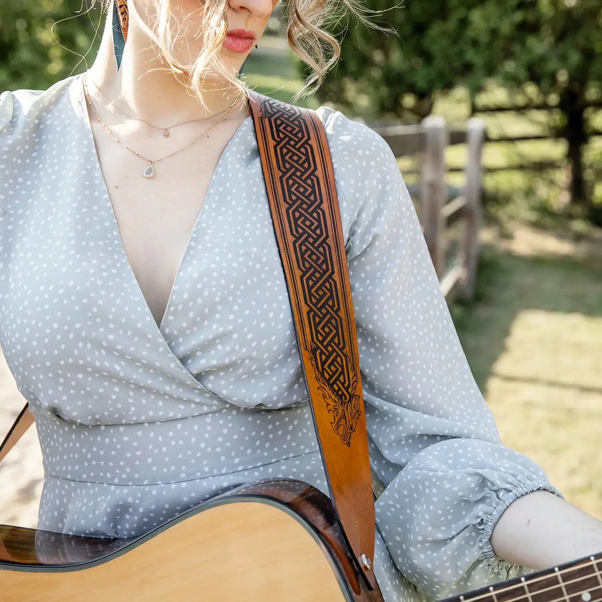 Tan Celtic Knot Wolf Leather Guitar Strap